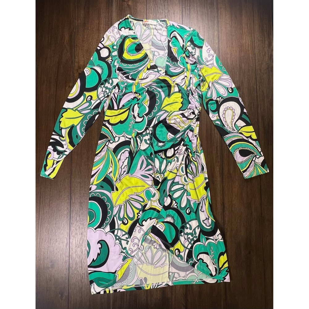 Intempo Womens 1X Paisley Psychedelic Faux Wrap Midi Dress Green Yellow Long Slv